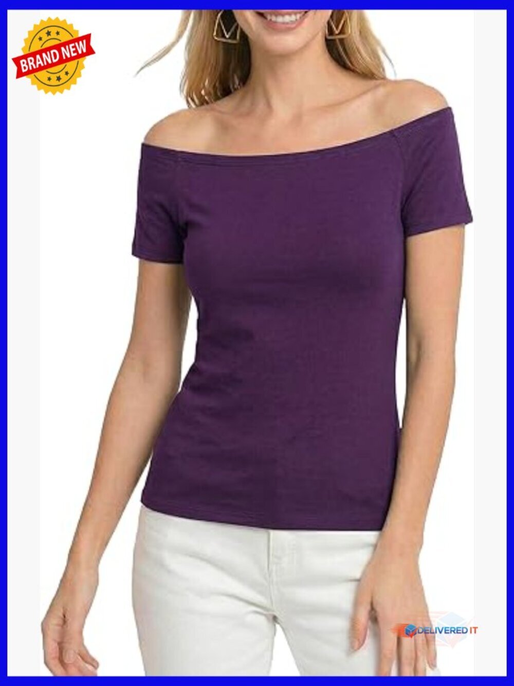 Off Shoulder Slim Fit Tee, Short Sleeve Rayon Spandex Top, Casual Elegant